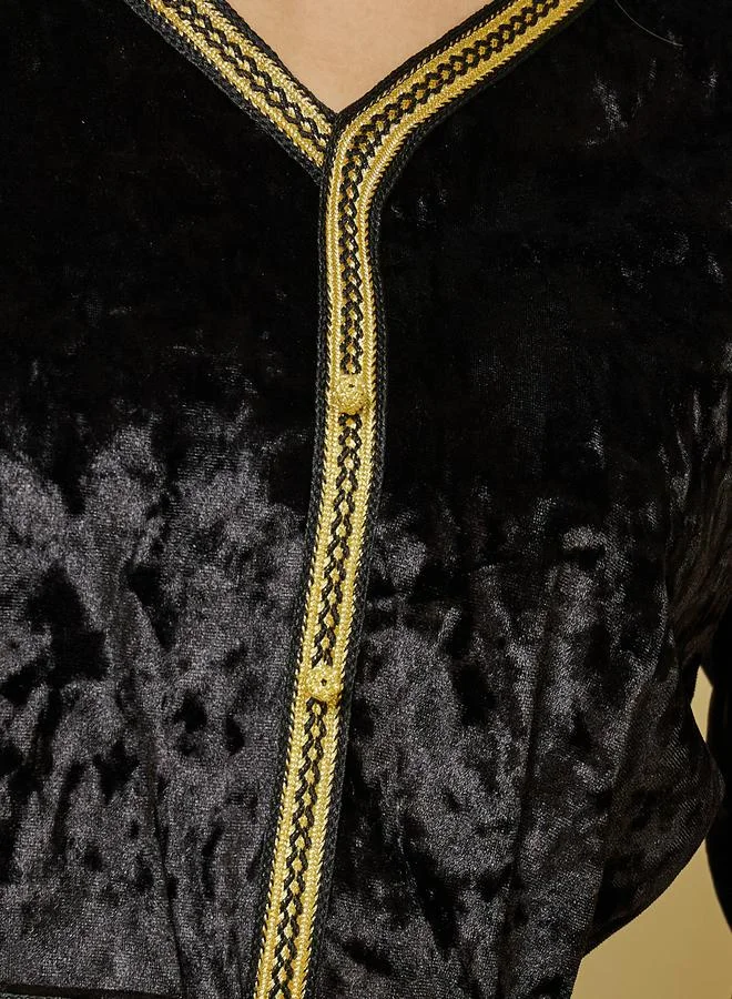 Styli Crushed Velvet Magrabi Lace Kaftan with Tie Belt