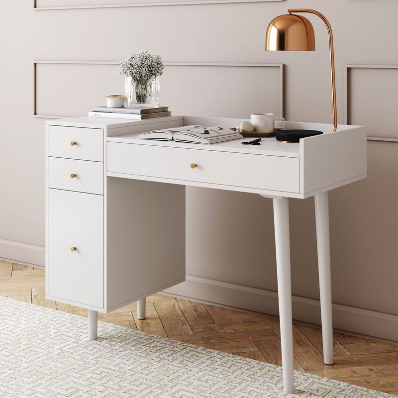 Nathan James Daisy Vanity Dressing Table or Makeup Desk with 4Drawers and Brass Accent Knobs White Wood