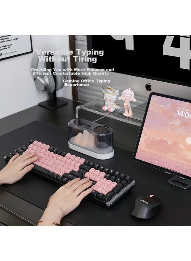 AUSDOM Asdun Hola111 Wireless Mechanical Keyboard And Mouse Combo, Dual-on Multi-key, Low Latency, Office And Gaming, High Aesthetic Value For Women, Mechanical Keyboard And Mouse Set, Black And Pink - Image 5