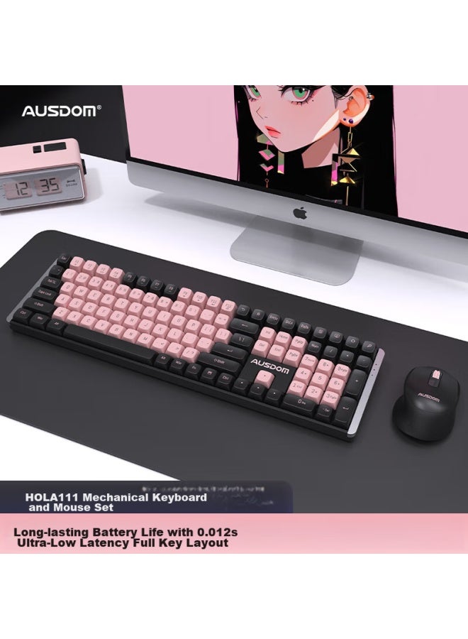 AUSDOM Asdun Hola111 Wireless Mechanical Keyboard And Mouse Combo, Dual-on Multi-key, Low Latency, Office And Gaming, High Aesthetic Value For Women, Mechanical Keyboard And Mouse Set, Black And Pink - Image 1