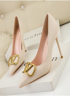 Eloshman 9.5cm Fashion Professional Shallow Mouth Pointed Metal V-Home Square Button Thin Heel High Heel Beige  - Image 2
