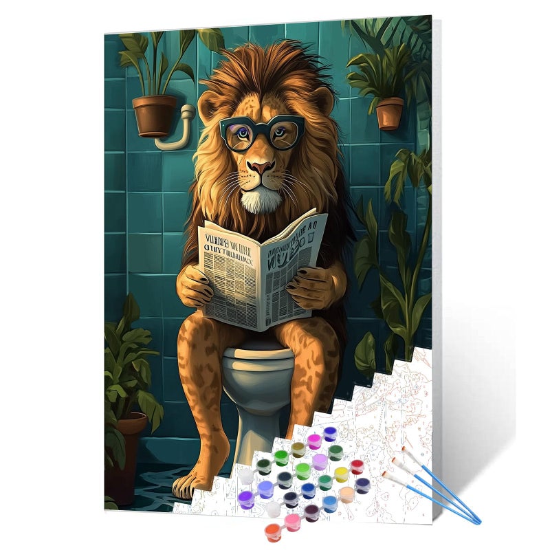 Tucocoo Funny Bathroom Paint by Numbers for Adults Lion in Toilet DIY Oil Painting Gift Kits Tropical Jungle Lion Paint by Number Kits Canvas Farmhouse Arts Craft Modern Home Decor16x20In no Frame - Image 2