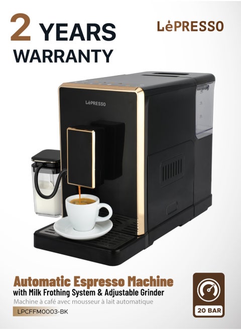 Automatic Espresso Coffee Machine with Milk Frothing System and Adjustable Grinder/ 1.5L Water Tank Capacity & 20 Bar pressure Coffee Maker / Multiple Brewing Options / Hot Water Dispenser / Automatic Cleaning Cycle - Black