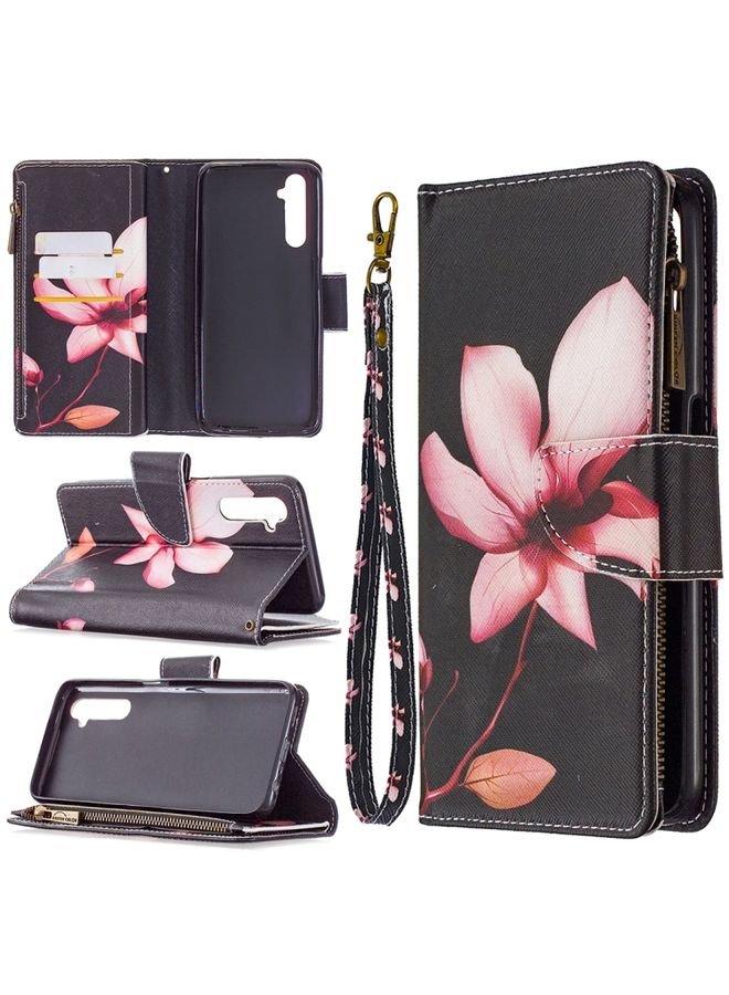 HuHa Case Cover For Realme 6 Colored Drawing Pattern Zipper Horizontal Flip Leather Case with Holder & Card Slots & Wallet Lotus 