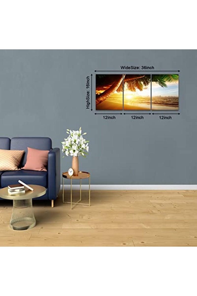 KAWAHONE Sunrise Ocean Canvas Wall Art, Coconut Tree Beach Landscape Poster Framed, Canvas Painting Printing Picture for Home Living Room, 12" x 16" x 3 PCS - Image 2
