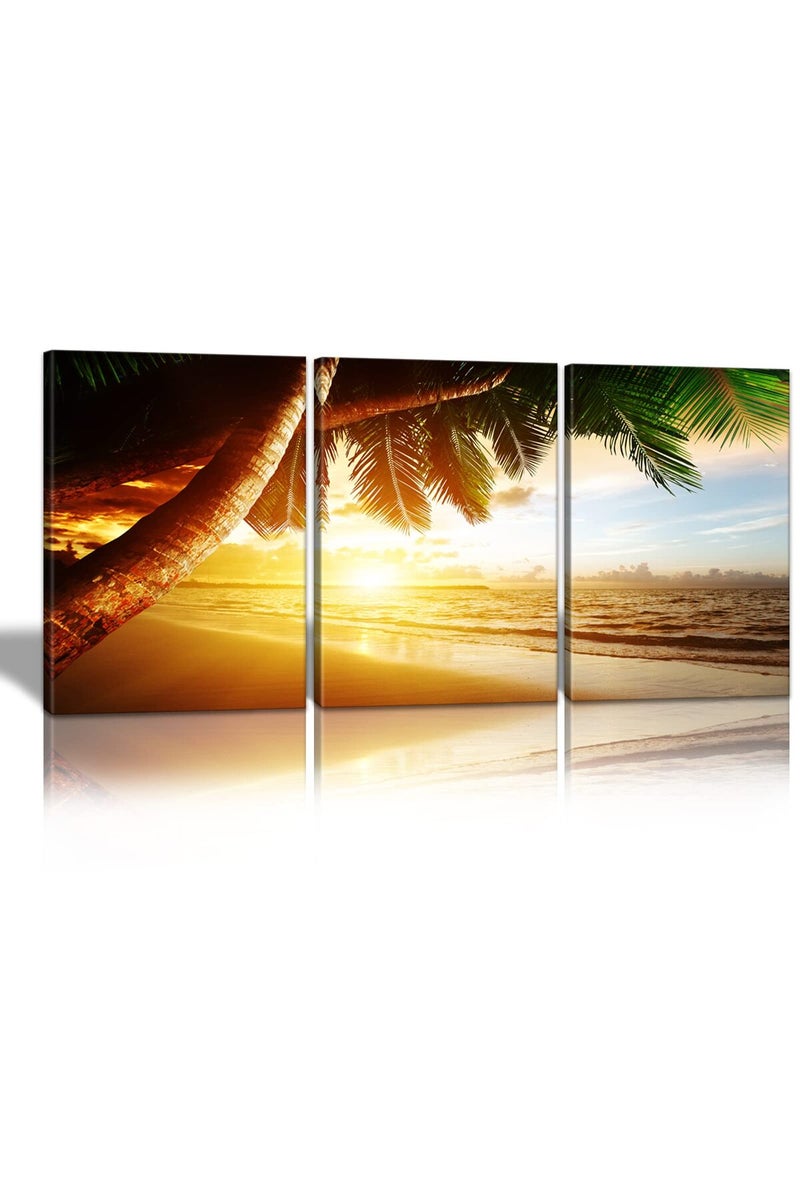 KAWAHONE Sunrise Ocean Canvas Wall Art, Coconut Tree Beach Landscape Poster Framed, Canvas Painting Printing Picture for Home Living Room, 12" x 16" x 3 PCS - Image 1