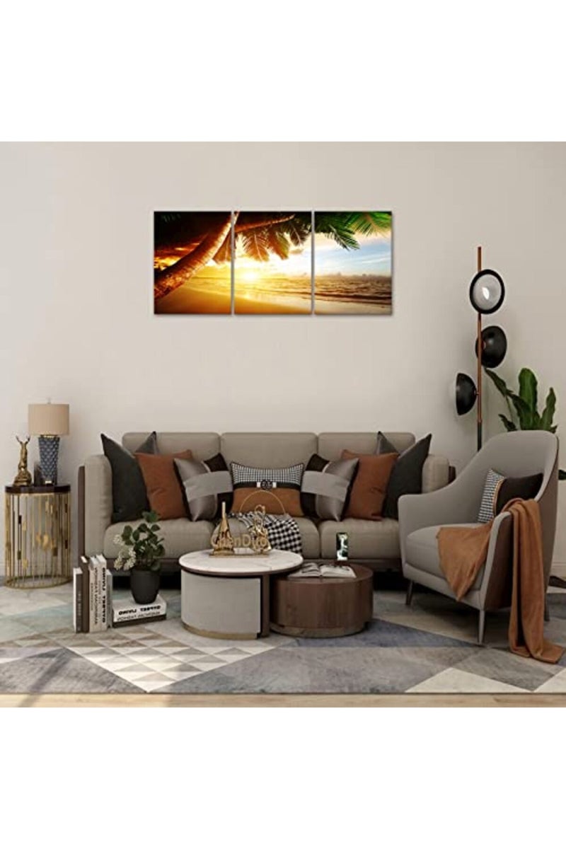 KAWAHONE Sunrise Ocean Canvas Wall Art, Coconut Tree Beach Landscape Poster Framed, Canvas Painting Printing Picture for Home Living Room, 12" x 16" x 3 PCS - Image 4