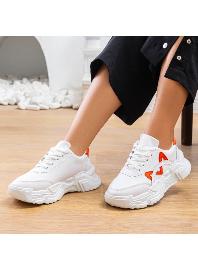 High quality leather women's sneaker M-364-WHITE&ORANGE