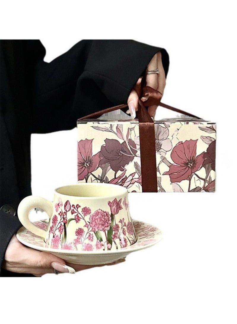 Arabest Ceramic Coffee Cup and Saucer Gift Box Set，Vintage Floral Design，Perfect for Espresso，Tea or Coffee Lovers， Gift Boxed for Home，Office or Special Occasion (Peony) - Image 1