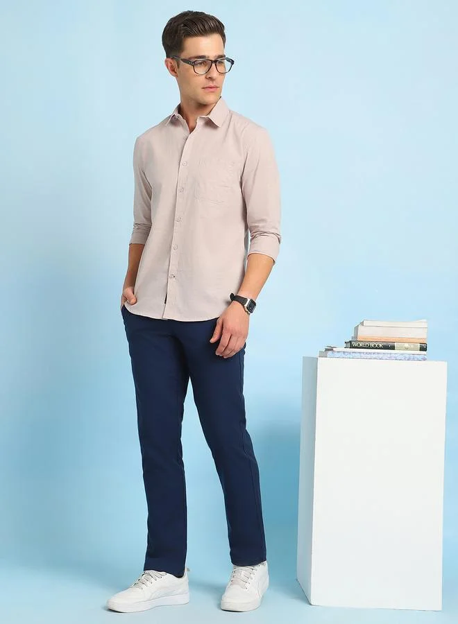 Dennis Lingo Men's Beige Cotton Blend Solid Pattern Button Down Relaxed Shirt