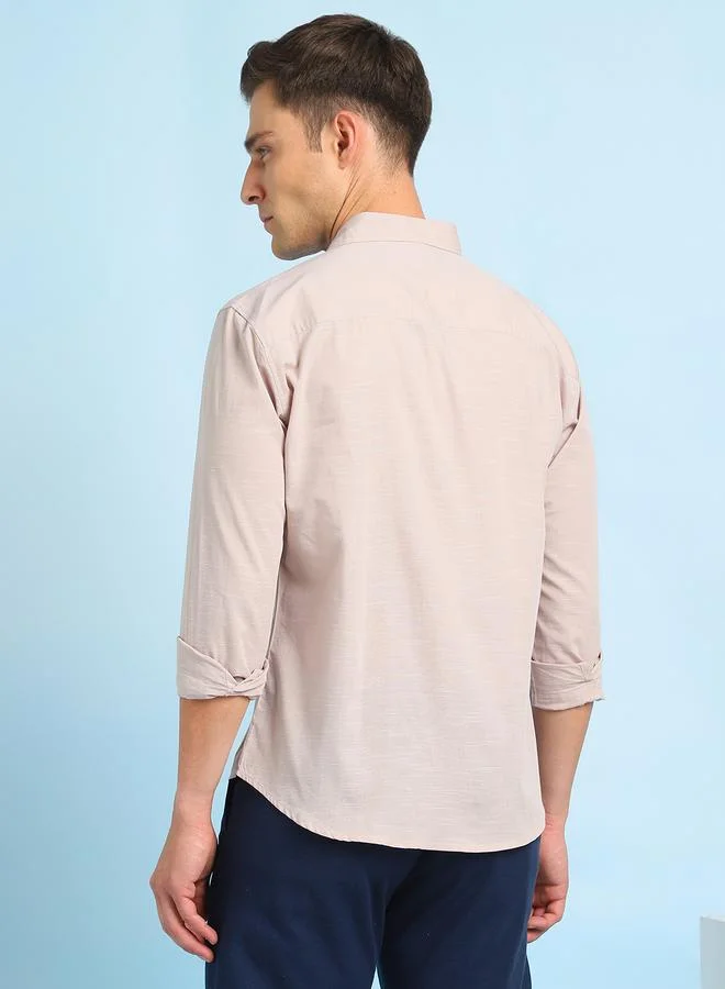 Dennis Lingo Men's Beige Cotton Blend Solid Pattern Button Down Relaxed Shirt
