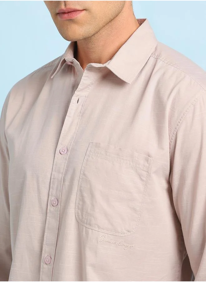 Dennis Lingo Beige Cotton slub Solid Pattern Relaxed Fit Shirts for Men with Spread collar Neckline Full Sleeves Regular Length Upper Body Wear Button Down Button Closure Woven Weave - Perfect for Lifestyle Occasions