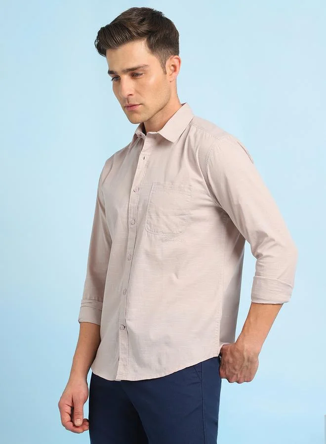 Dennis Lingo Men's Beige Cotton Blend Solid Pattern Button Down Relaxed Shirt