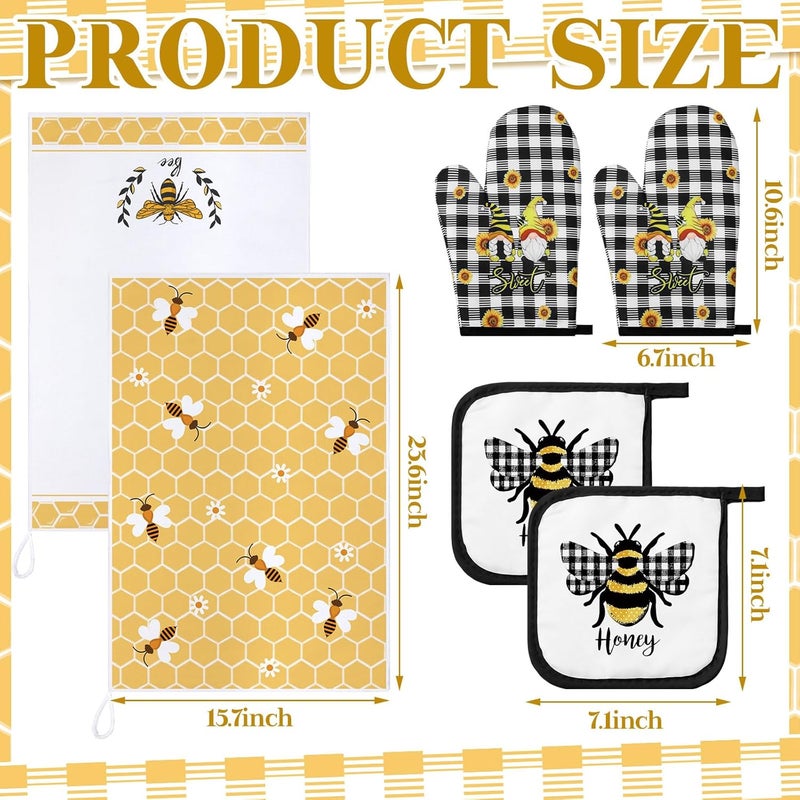 Bencailor 6 Pcs Bee Kitchen Towels Oven Mitts and Pot Holders Sets Dish Towels Non Slip Heat Resistant Oven Gloves for Summer Baking Cooking SuppliesBlack and YellowSunflower Bee - Image 3