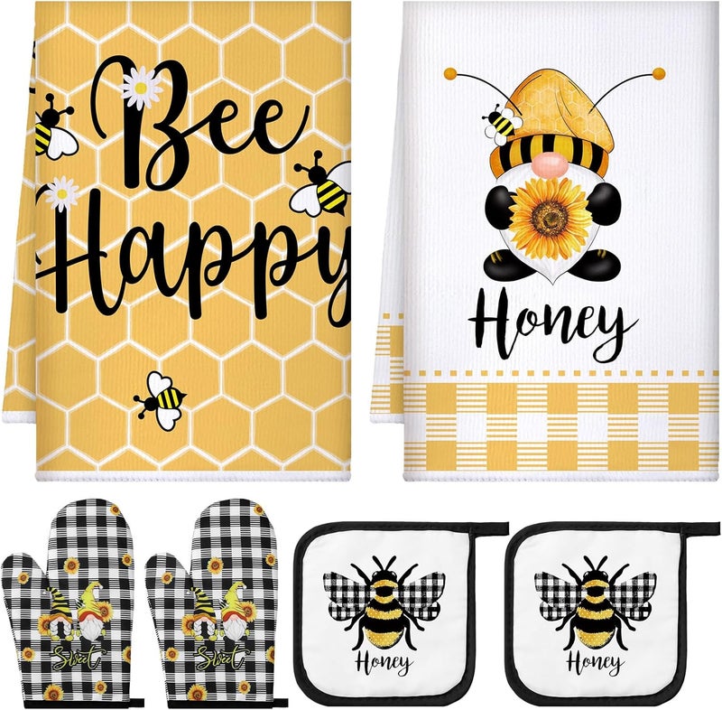Bencailor 6 Pcs Bee Kitchen Towels Oven Mitts and Pot Holders Sets Dish Towels Non Slip Heat Resistant Oven Gloves for Summer Baking Cooking SuppliesBlack and YellowSunflower Bee - Image 1