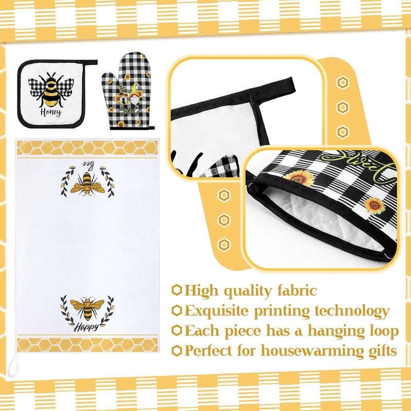 Bencailor 6 Pcs Bee Kitchen Towels Oven Mitts and Pot Holders Sets Dish Towels Non Slip Heat Resistant Oven Gloves for Summer Baking Cooking SuppliesBlack and YellowSunflower Bee - Image 5