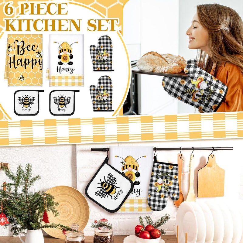 Bencailor 6 Pcs Bee Kitchen Towels Oven Mitts and Pot Holders Sets Dish Towels Non Slip Heat Resistant Oven Gloves for Summer Baking Cooking SuppliesBlack and YellowSunflower Bee - Image 2