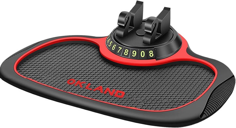 KaberTrade Car Dashboard Pad Flexible Silicone Phone Holder with Phone Numbers Rotatable Detachable Base Oval Shape Black in Red - KaberTrade