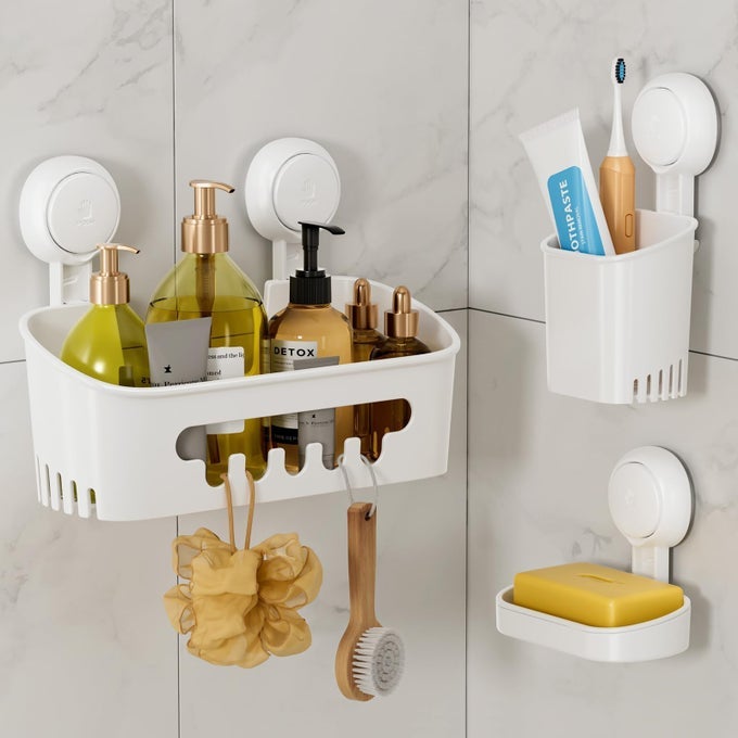 SHOWER CADDY SUCTION CUP SET SHOWER ORGANIZER SOAP HOLDER TOOTHBRUSH HOLDER BATHROOM SHELF BASKET NODRILLING REMOVABLE SUCTION STORAGE WATERPROOF BATHROOM CADDY WHITE