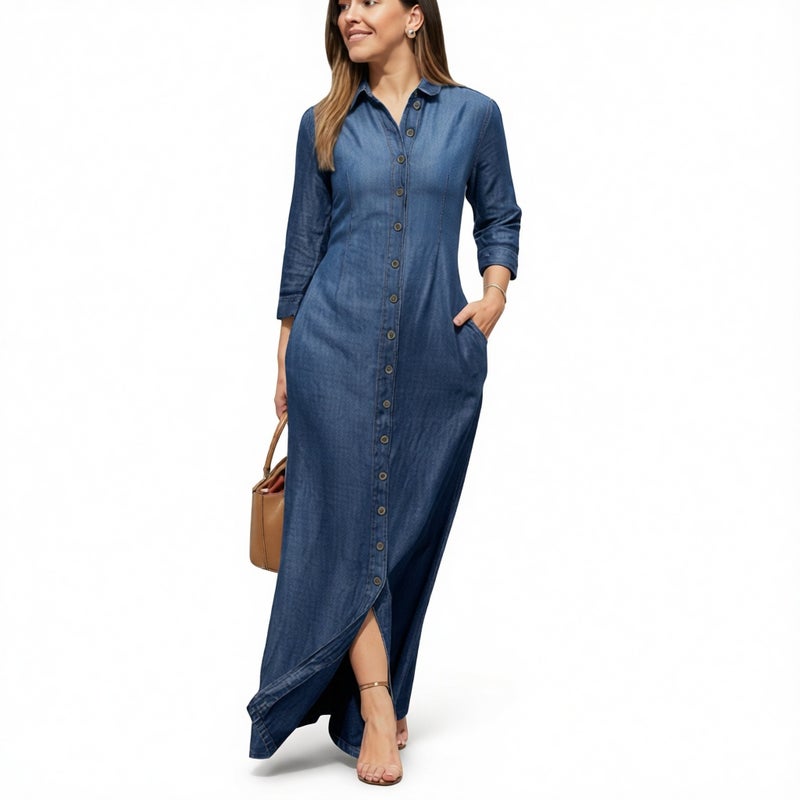 Women's Long Sleeve Denim Cardigan Dress with Lapel Collar - Image 1