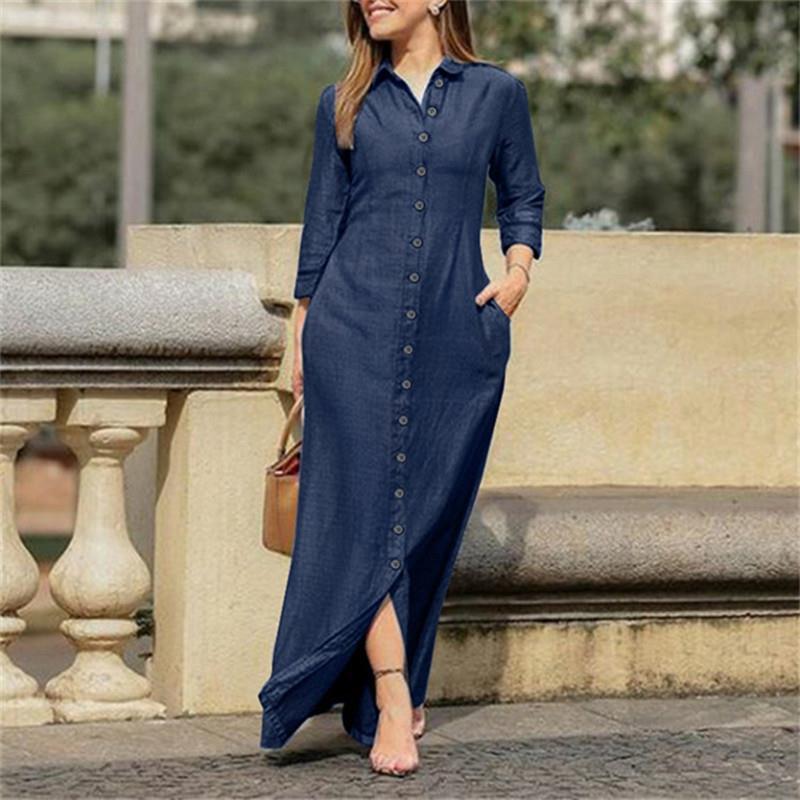 Women's Long Sleeve Denim Cardigan Dress with Lapel Collar - Image 2