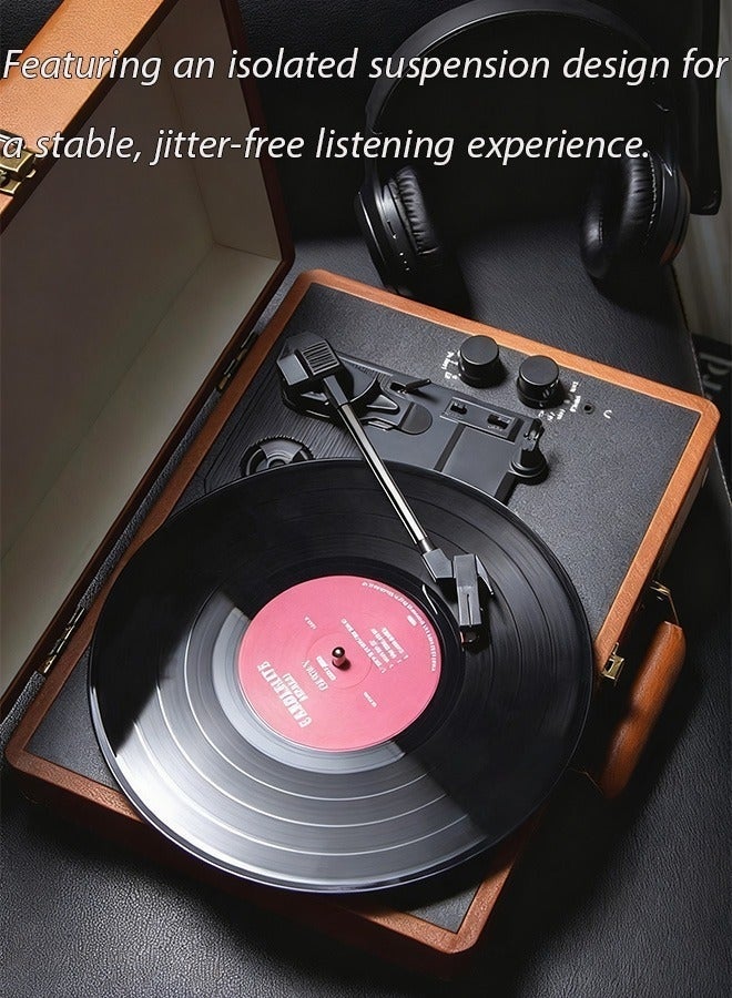 مشغل أسطوانات فينيل متعدد الوظائف بتقنية بلوتوث، بثلاث سرعات، محمول للسفر والهدايا، بتصميم حقيبة سفر عتيقة، مثالي لتزيين المقاهي، ويضفي لمسة جمالية على غرفة المعيشة، مزود بمكبرات صوت مدمجة وراديو FM، بجودة صوت عالية. - Image 4