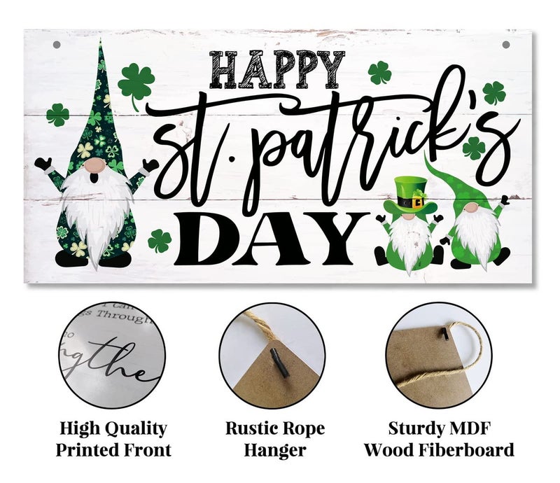 Gkwa Hanging Happy St Patrick's Day Wood Decor Sign - Gnome Printed Wall Art, Irish Home Signs, Door Hanging, Rustic Farmhouse Decor - Image 5