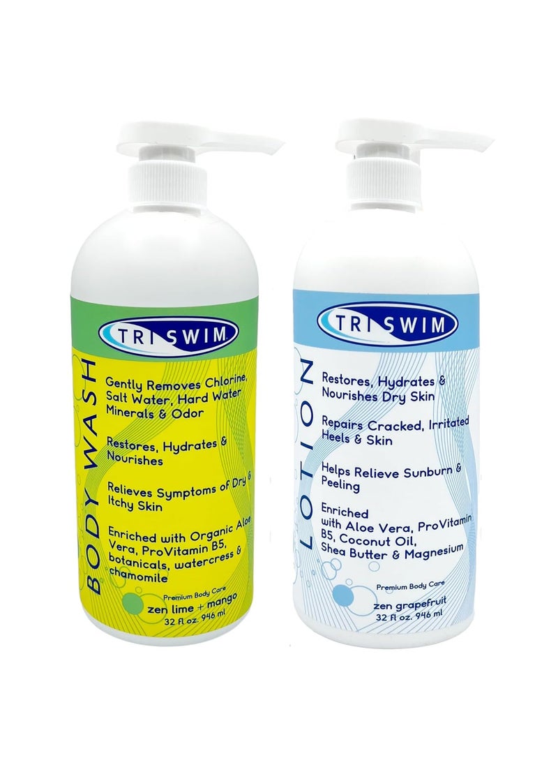 Triswim TRISWIM Skin Care Set with Chlorine Removal Body Wash + After Swim Lotion 32 Fl Oz | Defends Skin from Dryness, Sunburn & Chlorine Damage | Keeps Your Skin Soft & Nourished | Pack of 2 