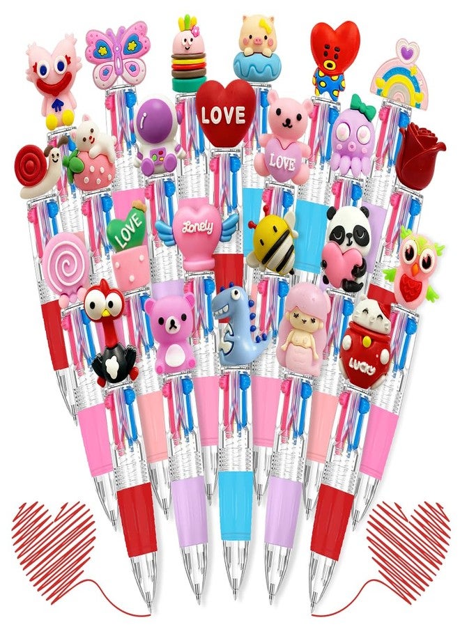AWEELON 24 Pcs Valentine's Fun Pen Bulk Mini Multicolor 4 in 1 Ballpoint Cute Retractable Pens for Valentine's Day Birthdays Parties Prizes Office Writing Supplies Goodie Bag Stuffers - Image 1