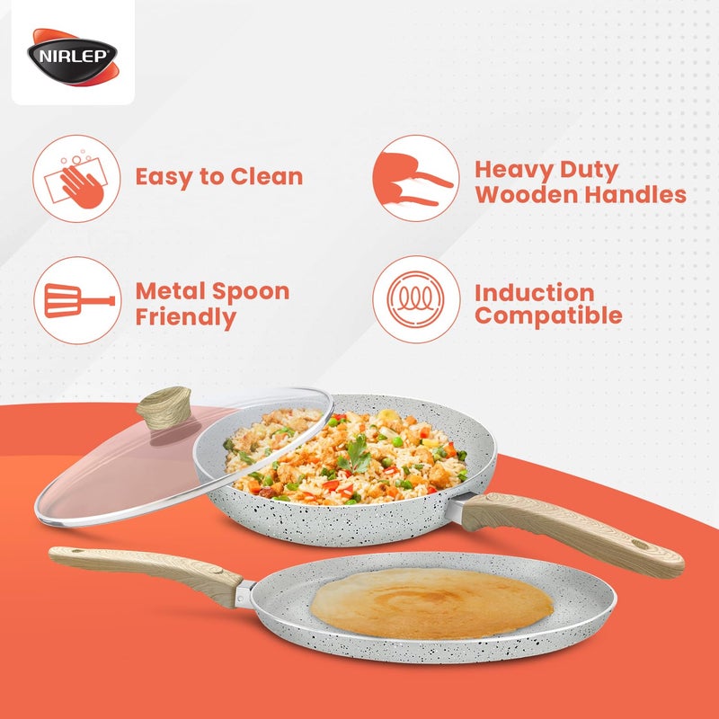 NIRLEP مجموعة جوي 25 سم طاوة و20 سم مقلاة مع غطاء زجاجي| مجموعة غير لاصقة من الجرانيت| قاعدة تحريض| طهي سهل| سهل التنظيف| مقابض ناعمة | مجموعة أواني الطهي| ضمان لمدة سنة من باجاج| رمادي - Image 4