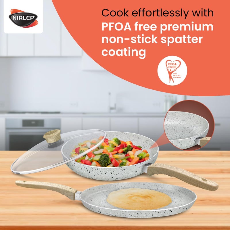 NIRLEP مجموعة جوي 25 سم طاوة و20 سم مقلاة مع غطاء زجاجي| مجموعة غير لاصقة من الجرانيت| قاعدة تحريض| طهي سهل| سهل التنظيف| مقابض ناعمة | مجموعة أواني الطهي| ضمان لمدة سنة من باجاج| رمادي - Image 3