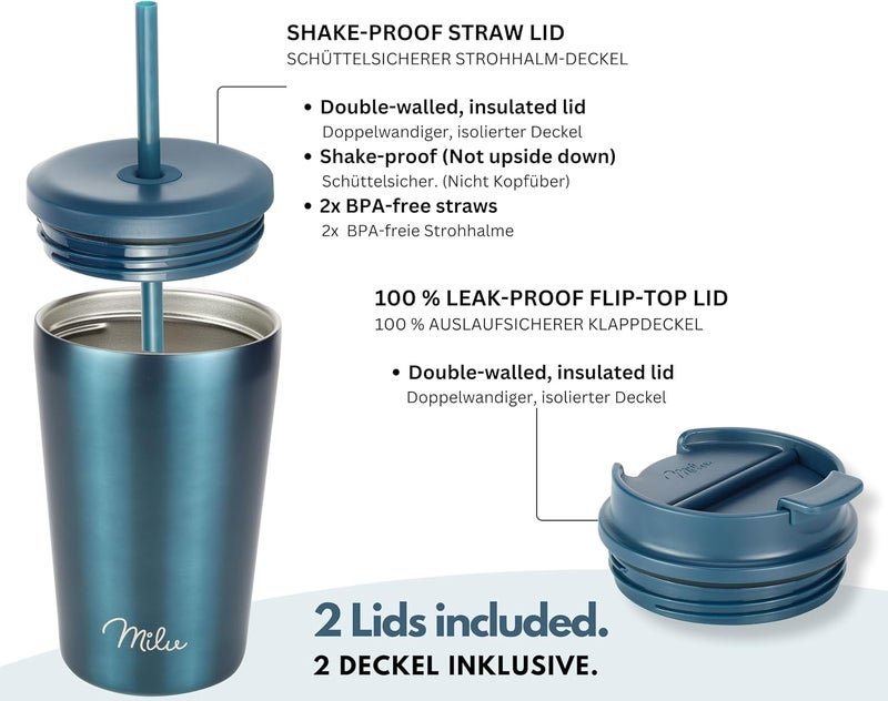 Milu Thermal Mug 300 ml, 400 ml, 500 ml - 100% Leak-Proof - Stainless Steel Coffee Mug to Go Insulated with Straw Keeps Hot for 10 Hours / 20 Hours Cold, BPA-Free (Green, 300 ml) - Image 2