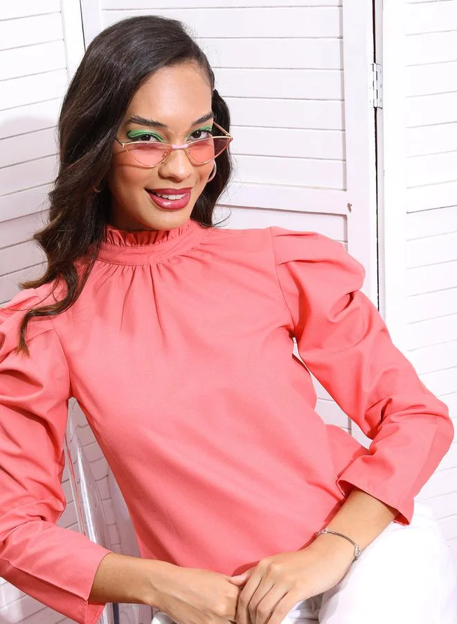 طوكيو توكيز Tokyo Talkies Solid High Neck Top with Puff Sleeves