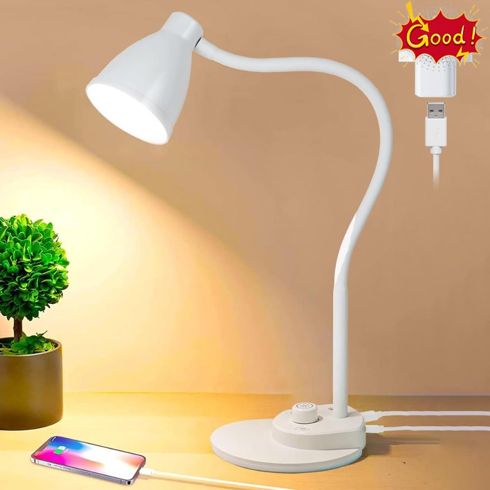 LED Desk Lamp, 3 Color Modes, Table Lamp for Bedside with USB Charging Port, Flexible Gooseneck Task Lamp Auto Dimming for Reading Study,Adapter Include