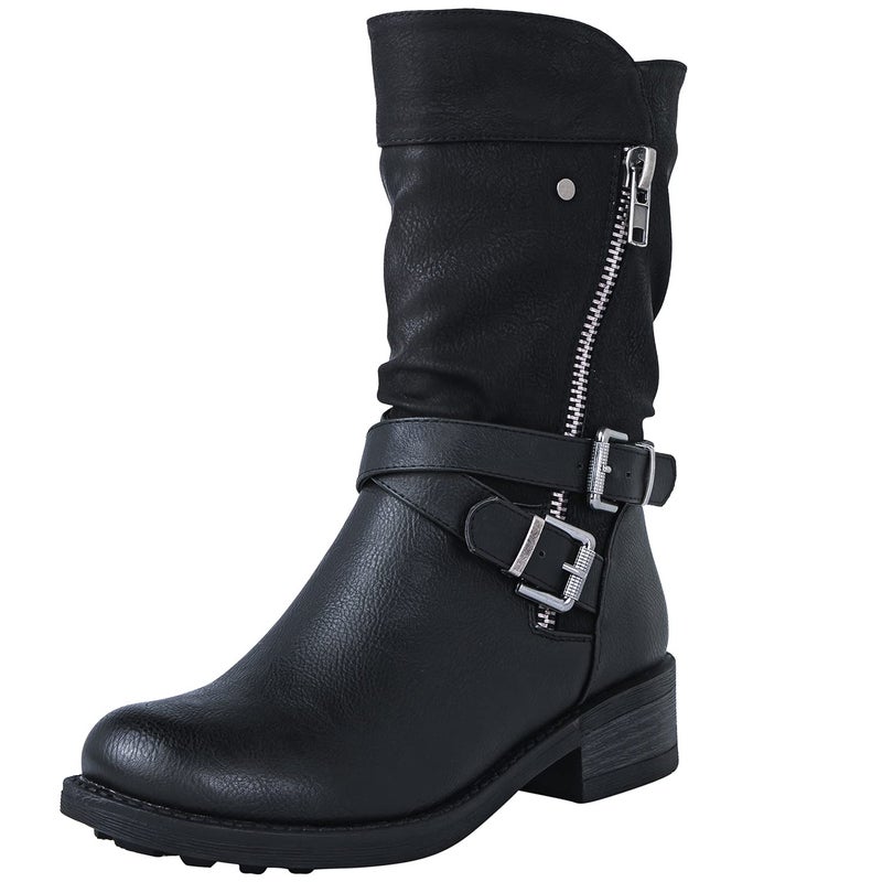 GLOBALWIN Women's Fall Fashion Biker Boots Mid Calf Boots For Women Black Low Heel Size 10M - Image 1