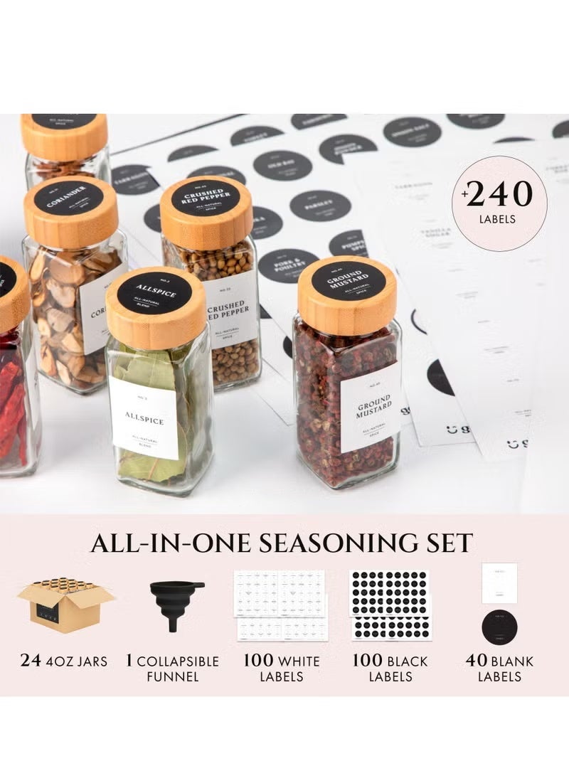 WALALLA 24 Pack Bamboo Glass Spice Jars with Labels and Shaker Lids Clear Empty Bottles Set, Glass Spice Containers with Labels, Seasoning Organizer Jars - Image 4