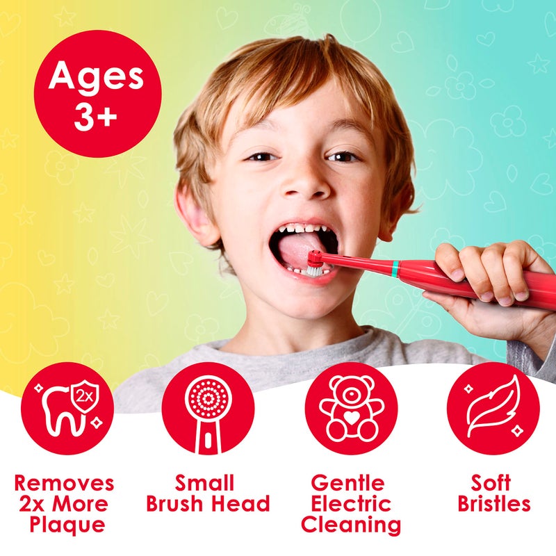 Brusheez مجموعة فرشاة الأسنان الكهربائية للأطفال من بروشيز - آمنة وفعالة للأعمار 3+ - تم اختبارها والموافقة عليها من قبل الآباء مع شعيرات لطيفة، رأسين للفرشاة، كوب شطف، مؤقت لمدة دقيقتين، وقاعدة تخزين (بيبر الديناصور) - Image 2
