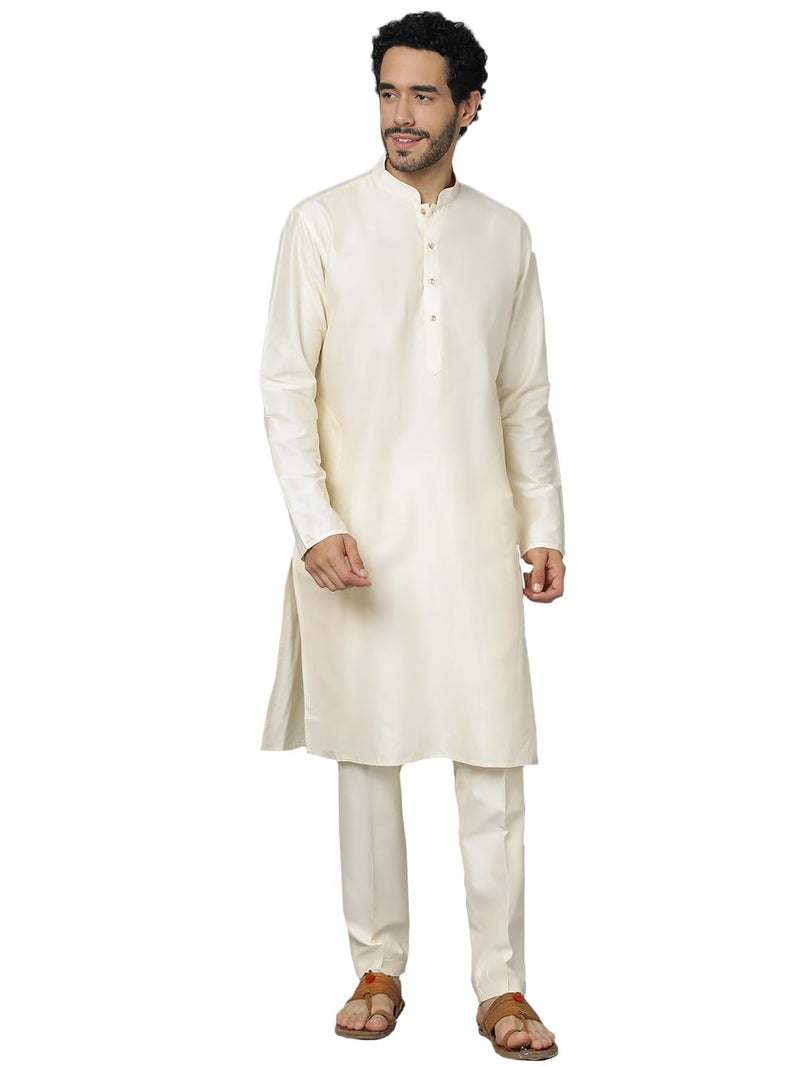 VASTRAMAY Men’s Viscose Kurta Pyjama Set I Solid Plain Weave Design I Supreme Solids Indated Traditions Festive Kurta and Pyjama Set_VSHRMK169CRnPANT011CR_38 | Traditional Outfit Cream - Image 1