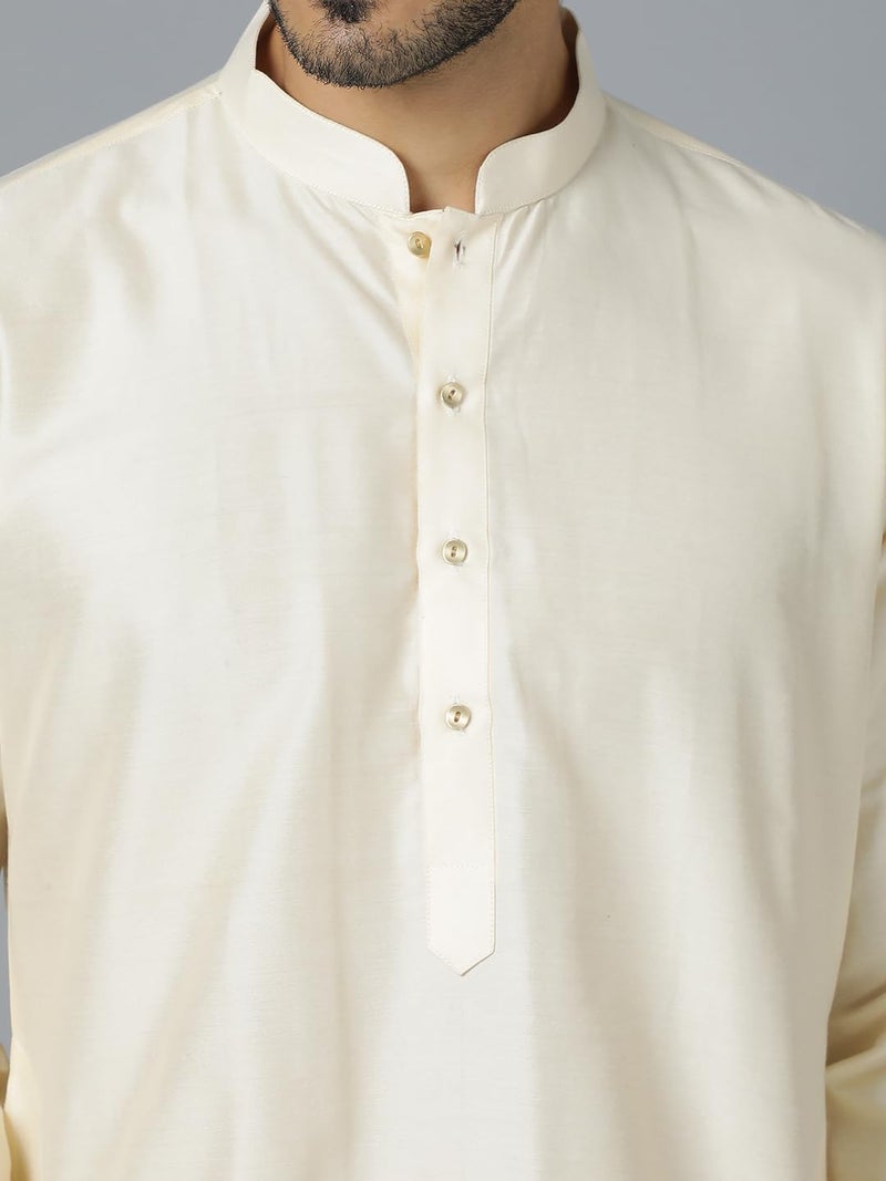 VASTRAMAY Men’s Viscose Kurta Pyjama Set I Solid Plain Weave Design I Supreme Solids Indated Traditions Festive Kurta and Pyjama Set_VSHRMK169CRnPANT011CR_38 | Traditional Outfit Cream - Image 4