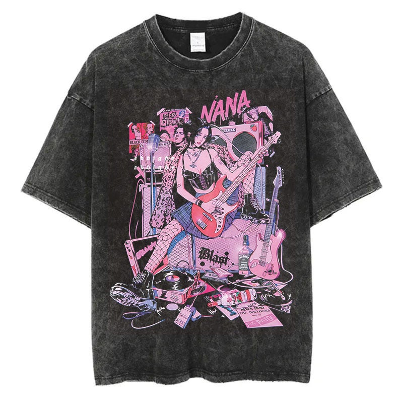 New Street Cotton American Style Retro T-Shirt Do Cartoon Animation Old NANA Washed Printed Costume Harajuku Short Sleeve 1 Retro Black 