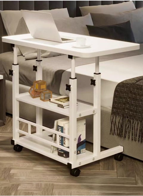 Home Office Desk Adjustable Height 60-90 cm Laptop Table with Tray Portable Small Computer Desk with Rollers Modern Office Study Reading Side Table (White)