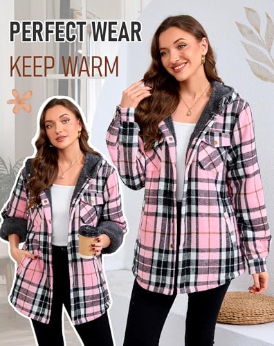 Elesuit Women's Fleece Flannel Jacket Plaid Sherpa Lined Jacket Long Sleeve Button Down Hooded Jackets for Women Black Pink X-large - Image 5