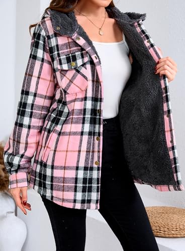Elesuit Women's Fleece Flannel Jacket Plaid Sherpa Lined Jacket Long Sleeve Button Down Hooded Jackets for Women Black Pink X-large - Image 3