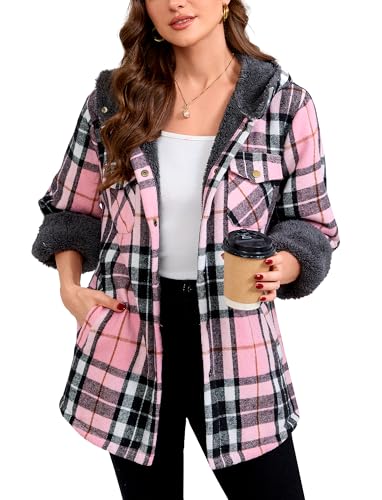 Elesuit Women's Fleece Flannel Jacket Plaid Sherpa Lined Jacket Long Sleeve Button Down Hooded Jackets for Women Black Pink X-large - Image 2