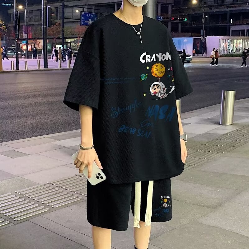 Summer fashion suit mens fashion brand boys handsome suit with summer casual sports short sleeve shorts two-piece suit H52 Black - Image 1