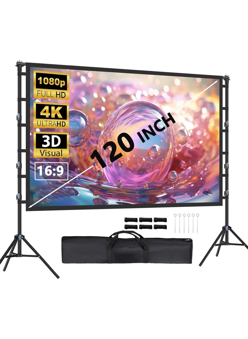 GEBSMY 120 Inch Projector Screen with 2.7M High Tripod Stands, Portable Movie Screen Indoor and Outdoor - 16:9 4K HD Foldable Anti-Crease Projection Screen with Carry Bag for Movie Nights, Camping and Parties - Image 1