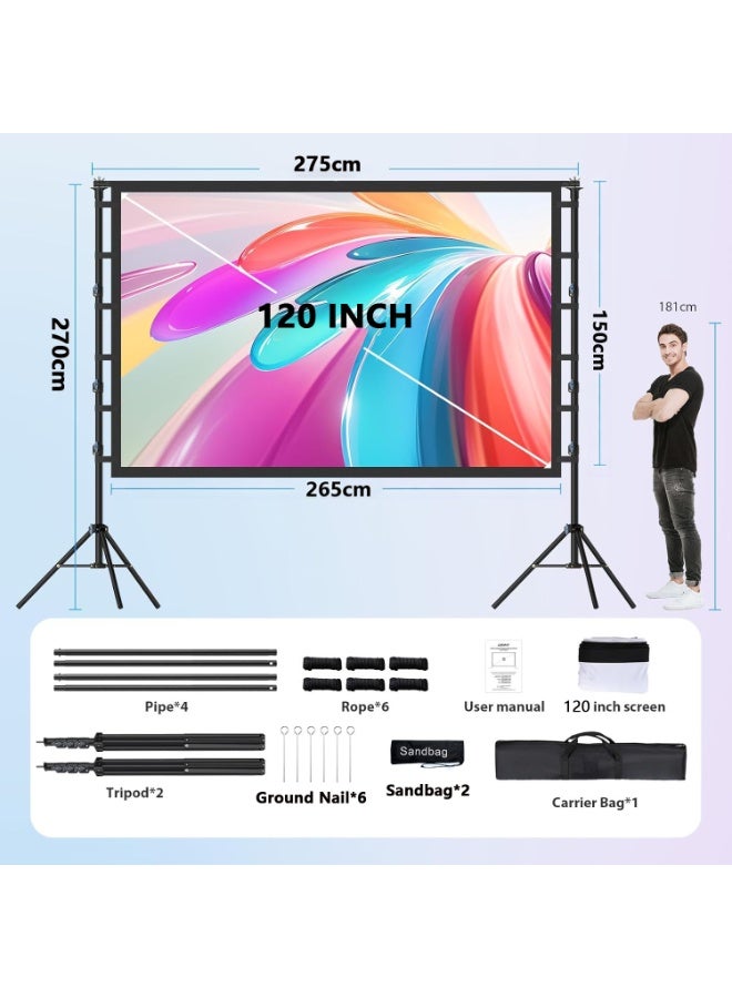 GEBSMY 120 Inch Projector Screen with 2.7M High Tripod Stands, Portable Movie Screen Indoor and Outdoor - 16:9 4K HD Foldable Anti-Crease Projection Screen with Carry Bag for Movie Nights, Camping and Parties - Image 2
