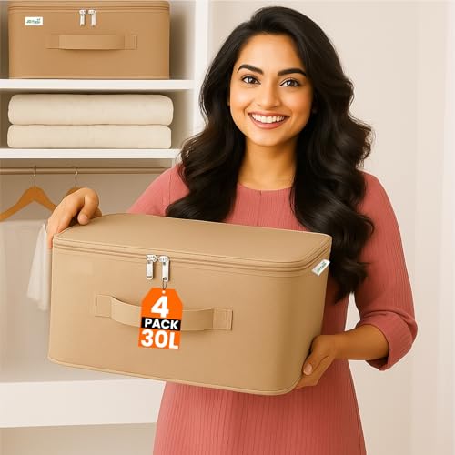 JD FRESH 4 Pc 30 Liters Non-Woven Cloth Organizer for Storage/Moisture Proof Cloth Storage Organizer with Handle/Underbed Storage Box/Storage Bag with Zipper for Saree/Blankets (Light Brown) - Image 1
