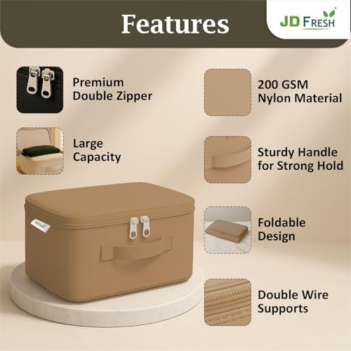 JD FRESH 4 Pc 30 Liters Non-Woven Cloth Organizer for Storage/Moisture Proof Cloth Storage Organizer with Handle/Underbed Storage Box/Storage Bag with Zipper for Saree/Blankets (Light Brown) - Image 2
