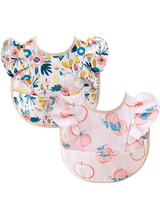 ECVV 2Pcs Ruffle Baby Bibs Mess Proof Infant Feeding Bibs With Catch All Pocket Waterproof Cute Angel Wings Baby Smock Bib For 6 48 Months Toddlers - Image 1